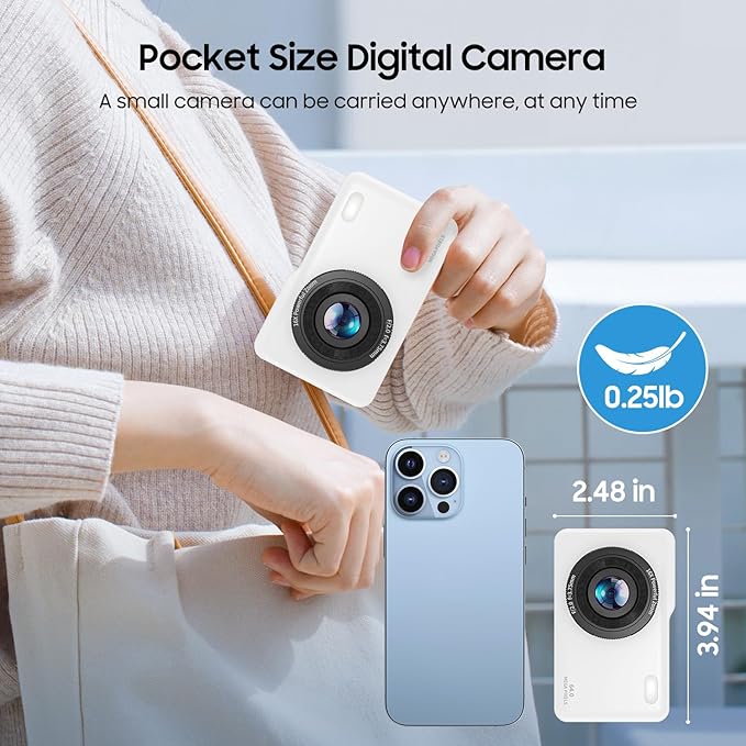 Digital Camera, 64MP Dual Lens Autofocus Point and Shoot Digital Camera, 16x Zoom Vlogging Camera with 2 Batteries, Portable Rechargeable Small Camera for Kids Teens (White)