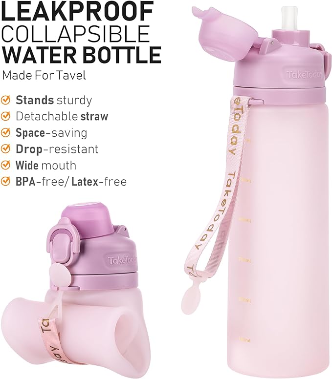 TakeToday Collapsible Water Bottles 20oz, Leak Proof, BPA-Free, Foldable Silicone Travel Water Bottle with Straw Strap for Cycling, Hiking, Outdoors