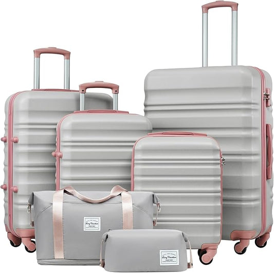 LONG VACATION 6 Piece Luggage Set Carry on Suitcase with ABS+PC hardshell, Spinner Wheels & YKK Zipper TSA Lock (GREY-PINK, 6 piece set)