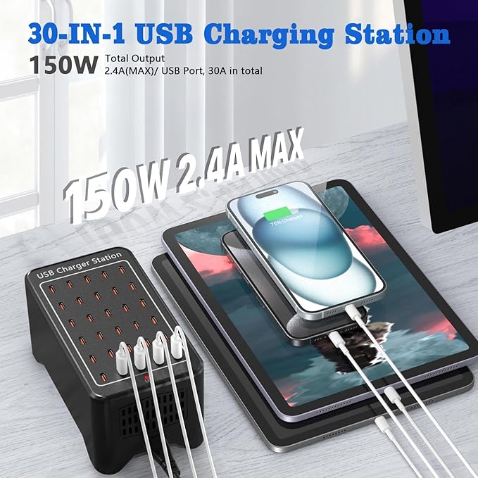 USB C Charger Station 150W, 30 Port USB Charger Block USB Charging Hub, Multiport USB C Charger Desktop Charger Compatible with iPhone 16/15/14/13/12/11, iPad, Tablets, Samsung GalaxyS23 S22,Phone