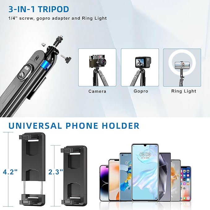 Selfie Stick Phone Tripod-71 Cell Phone Holder with Remote, 1/4" Screw Thread Adapter, Travel Tripod for Recording, Video and Picture, Compatible with iPhone, Android, Camera & Gopro