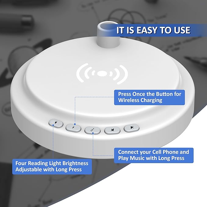 LED Desk Lamp for Office Home,Table lamp with Bluetooth Speaker&15W Wireless Charger,Desk Lamp for College Dorm Room,4 Brightness,Dimmable Table Lamp Eye Caring Reading Light(White)