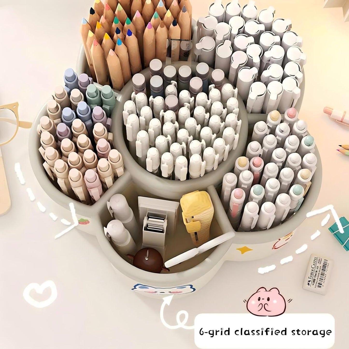 Pen Holder for Desk, 360°Rotating Pencil Pen Holder, Desk Pen Organizer with 6 Slots, Large-capacity Desk Organizer, Pencil Holder for Desk, Office, School, Home Use (Green)