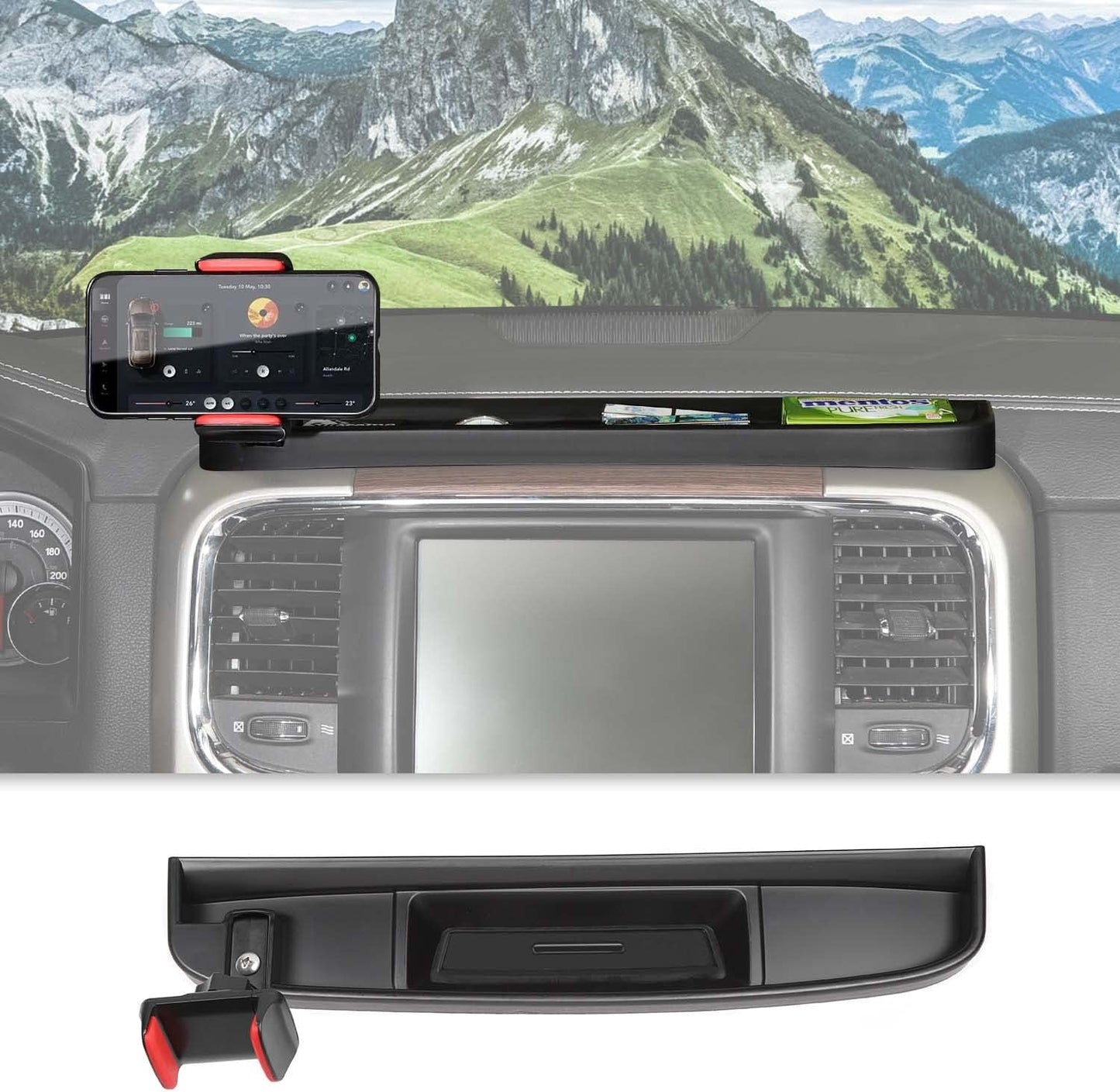 RT-TCZ Dash Mount Holder Cell Phone Holder with Storage Box Kit Bracket Center Console Interior Accessories for Dodge RAM 2012-2017