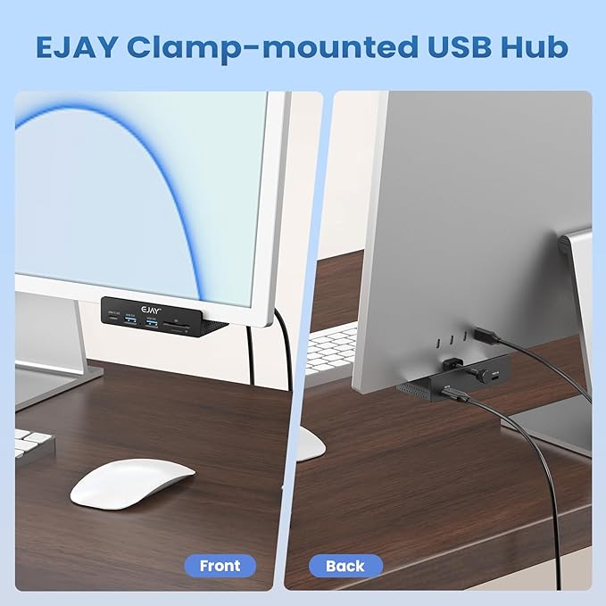 EJAY 5Ports USB3.0 HUB Alu Splitter Desktop Docking with TF&SD Card Reader for Desk/Monitors Clipping with Extra Power Supply Port,59inches Data & 39inches Power Cable-5Gbps(JK-2A1CTS-BK)