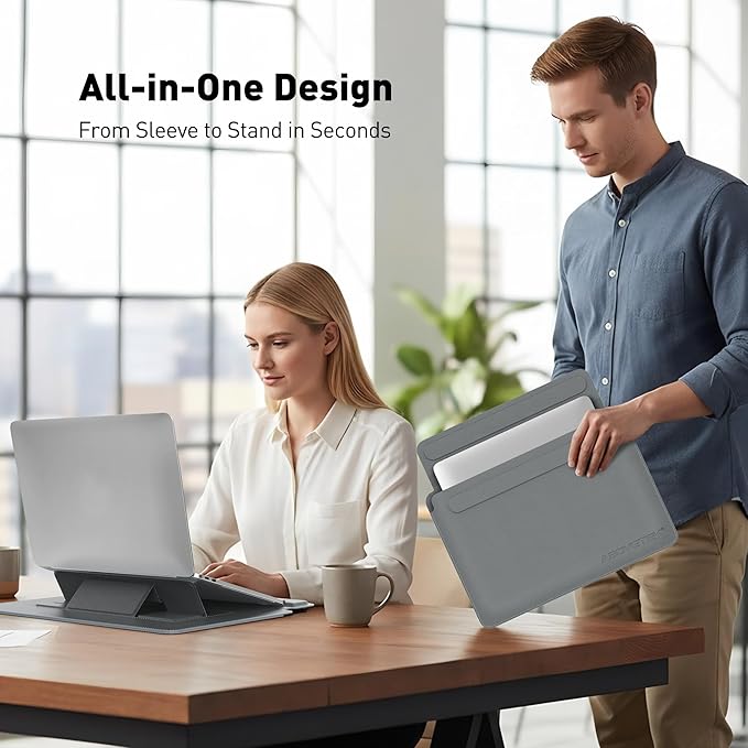AboveTEK Laptop Sleeve Case for 13-14 inch MacBook Air/Pro, Slim Laptop Case with Stand, Ergonomic Wrist Rest & Mouse Pad, Waterproof Anti-Scratch Leather Bag for 13-14 Surface HP, Grey