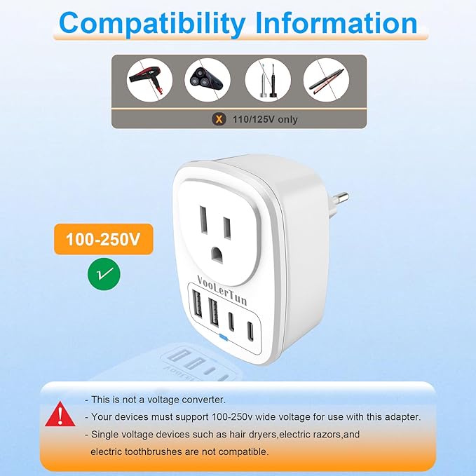 2 Pack Type C European Plug Adapter, VooLerTun Germany Travel Plug Adapter with 4 USB Charger Ports, 1 American Outlet Adapter. US Converter for EU France Denmark Norway Brazil Travel Essential
