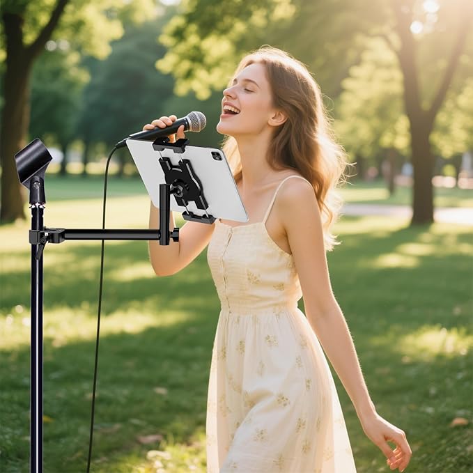 Aluminum Alloy Tablet Holder for Microphone Stand,iPad Music Stand Holder for Microphone,360°Swivel Tilt Adjustable L-Shape Super Crab Clamp Mount,Compatible with 4.7~12.9" iPad/Nexus/e-Reader/iPhone