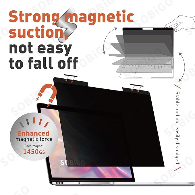SOBiGO! Magnetic Anti-Blue Light Privacy Screen Protector for Laptop – Anti-Glare, Anti-Scratch, Privacy Filter – Nano Washable Adhesive Strip Design, Easy Installation for 14 Inch Laptop Privacy Screen-Filter for 16:9 Widescreen Display.