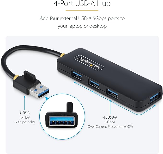 StarTech.com 4-Port USB-A Hub, USB 3.0 (5Gbps) Data Transfer, Bus Powered, Travel Mini Hub, Portable Multi-Port USB Splitter, Windows PC, MacBook, iMac, Chromebook, Surface and More