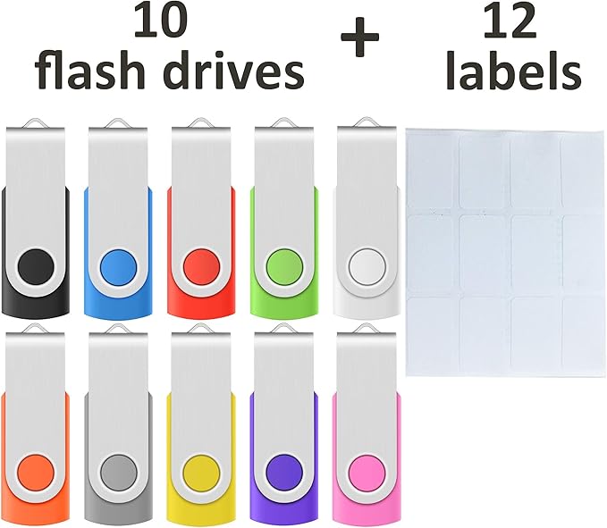 Enfain 10-Pack 2GB USB 2.0 Flash Drives - Colorful Swivel Thumb Drives with Labels for Organization, Perfect for School, Office & Data Storage