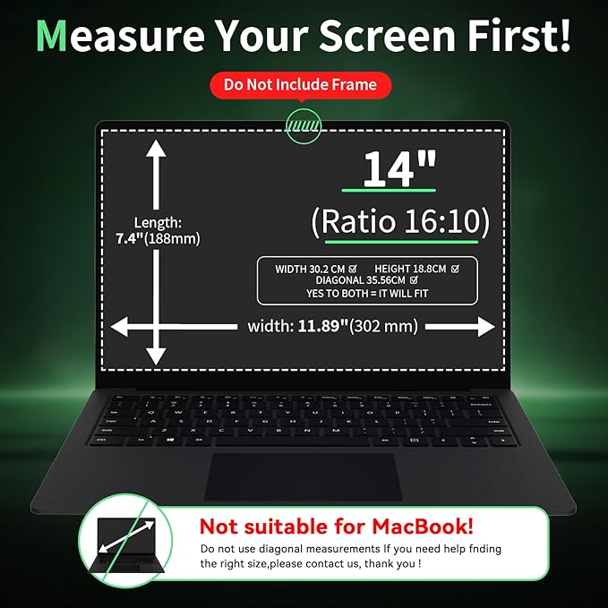 Laptop Privacy Screen 14 Inch, Laptop Screen Privacy Shield 16:10 Aspect Ratio Anti-Glare Blue Light Computer Monitor Protector,Removable 14in Filter for Lenovo HP Dell Acer Asus Thinkpad Envy Xps