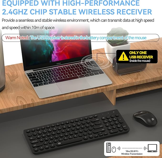 FD Wireless Keyboard and Mouse Combo - 2.4GHz USB Cordless, Cute Round Keys, Quiet and Slim Set for Laptop, Computer, TV, and Mac - Black