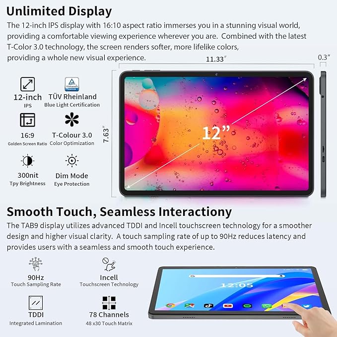 12 Inch Tablet Android 15 Tablets, 2025 Upgraded Android Tablet with Keyboard, 24GB RAM+256GB ROM(1TB Expand), Octa-Core, 2K 2000x1200 Display, 16MP Dual Camera, 8000mAh, 2.4G/5G WiFi, GPS (Black)