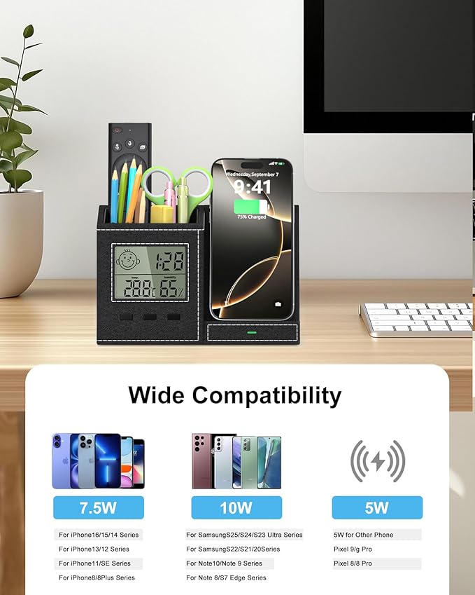 Multifunctional Pen Holder and Organizer for Desk with Wireless Charger, Digital Indoor Thermometer and Humidity Gauge, Home Office Organizers and Storage (Battery Included)