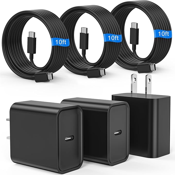 iPhone 17 16 15 Charger Fast Charging, 3 Pack PD 20W USB C Charger with 10FT Cord, USB C Cable Type C Chargers Block for iPhone 17/17 Pro/17 Pro Max/16/16 Plus/16 Pro/16 Pro Max/15/15 Pro（Black）