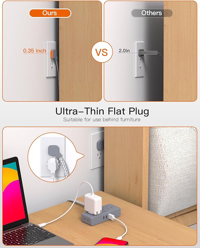 Flat Plug Power Strip 6 feet, 4 Widely Outlets with 3 USB Ports (2 USB C), 3 Side Outlet Extender with Extension Cord with Multiple Outlets for Home, Office, Dorm Room Essentials Gray