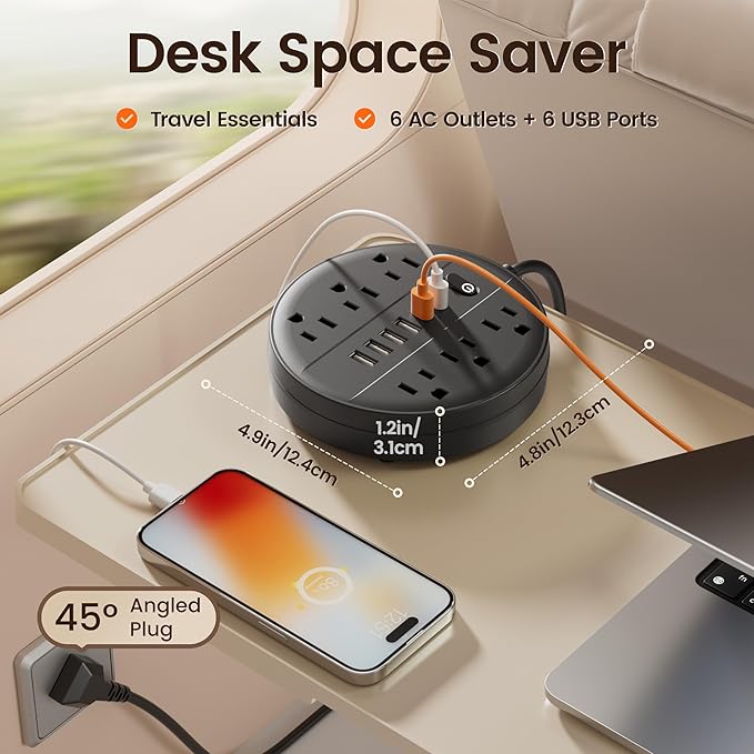 5 FT Surge Protector Power Strip, Extension Cord with Multiple Outlet, 6 AC Outlets, 4 USB & 2 USB C Ports & Control Switch, Portable Outlet Extender, Flat Plug, Wall Mount for Office Home Dorm,Black