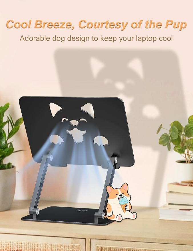 Laptop Stand for Desk – Adjustable Portable Laptop Riser, Aluminum Laptop Holder Compatible with MacBook Air Pro, Dell, HP, Lenovo (10"-17.3"), Featuring Unique Puppy Panel Design, Black