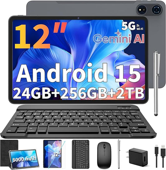 2025 12 Inch Tablet, 24GB（8+16） RAM+256 Storage(Expand to 1TB), Android 15 Tablet with Keyboard, Octa-Core, 2K 2000x1200 Display, 16MP Dual Camera, 8000mAh, 5G WiFi,GPS,Bluetooth 5.0（Black）