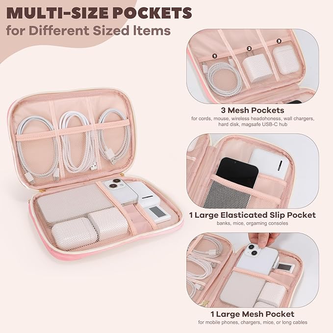 Electronics Organizer Travel Case, Charger Bag Cord Organizer Travel, Compact Tech Pouch Cable Organizer Bag for Charger, Cords, Phone, Headphones, Flash Drive, SD Card (Pink, Small-Single Layer)