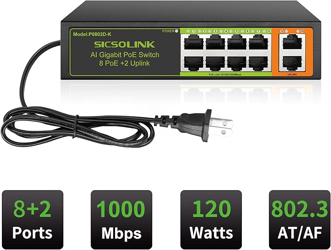 Gigabit 10-Port PoE+ Switch (8 PoE+ Ports, 2 Uplink), 802.3af/at, 120W Total Power, 1000Mbps, Unmanaged, Fanless, Metal Plug and Play, Suitable for IP Cameras, Networking Devices & Home Office.