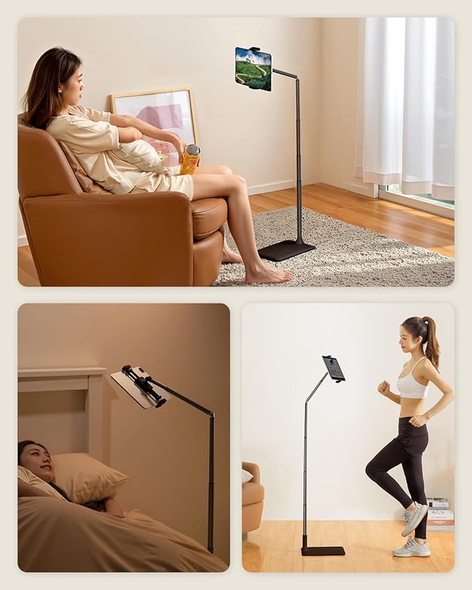 Extended Tablet Floor Stand, 360 Rotating Adjustable iPad Floor Holder with Long Flexible Arm, Compatible with 4-13" Devices, Stand for Bedside, Sofaside, Table, Desk (Black)