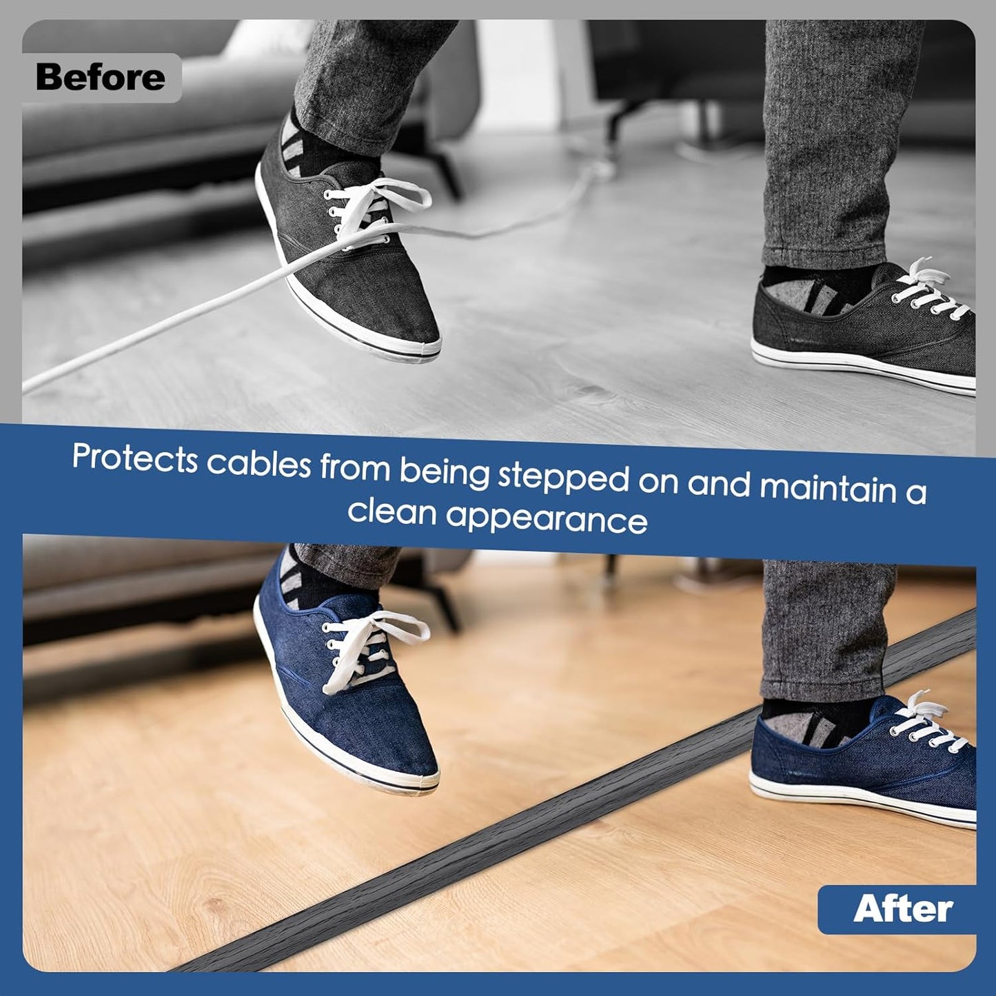 Floor Cord Cover for Wires on Floor Self Adhesive Cord Hider Floor Cable Management Wire Covers for Cords Protector Prevent Cable Trips Cord Cavity W 0.51" x H 0.31", Deep Gray Wood, 3.3Ft