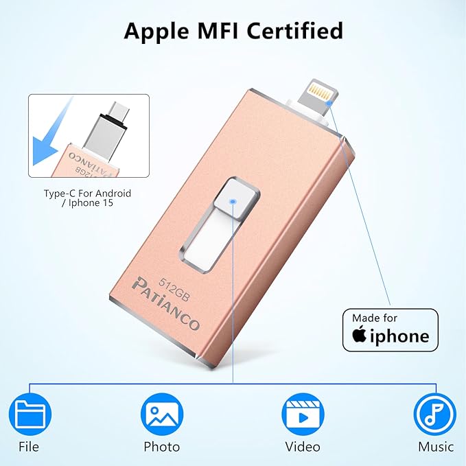 Photo Stick Apple MFi Certified for iPhone 256GB, USB Flash Drive for iPhone Thumb Drive, iPhone-Memory-Stick for iPad/iPhone/Computer Picture Keeper Portable Hard Drive Pink