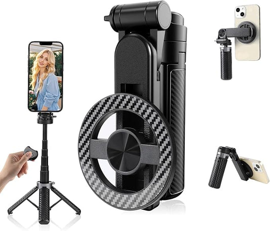 4-in-1 Multifunctional 360° Rotation Magnetic Selfie Stick, Portable Pocket Size Selfie Stick with Rechargeable Remote, Extendable Detachable Cell Phone Tripod for iPhone & Android