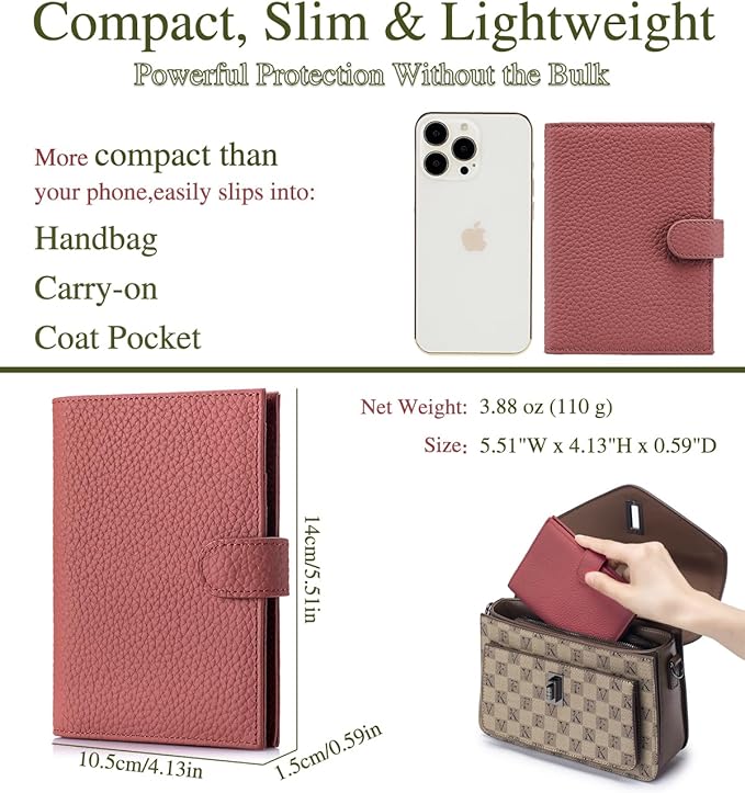 Slim Passport Wallet for Women – RFID Blocking Travel Holder with 1 Passport Slot & 3 Card Slots, Coin Pocket & SIM Slot – Genuine Leather Travel Organizer Brick Red