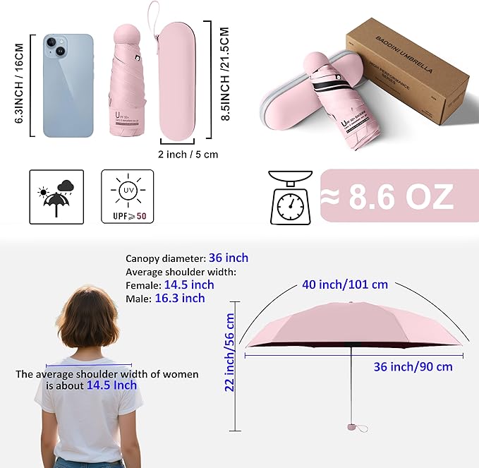 BAODINI Travel Essentials Mini Umbrella for Purse With Case Small Compact UV Sun Protection Lightweight Tiny Pocket Manual Open Close Umbrella for Women Kids and Men Fit Purse Backpack