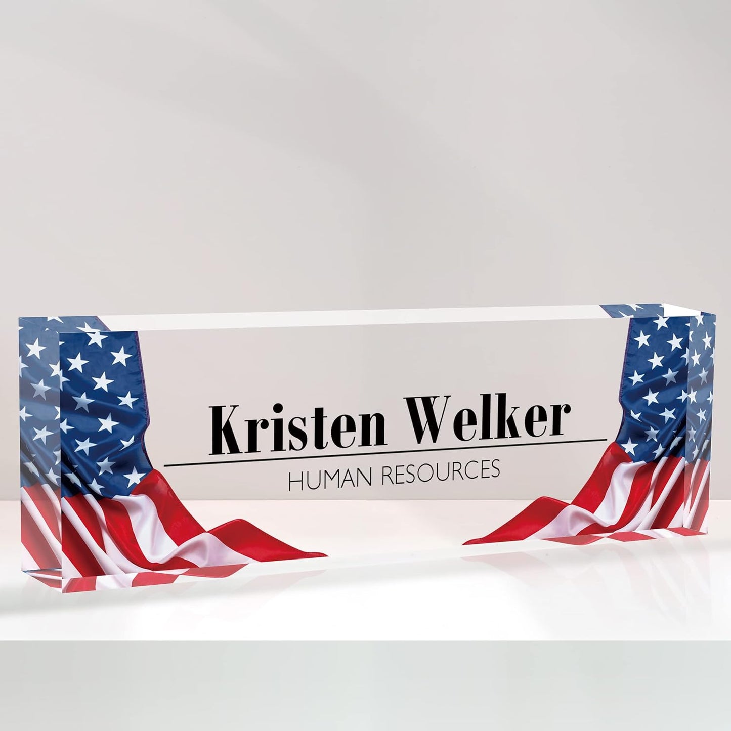 Flpoxzd Desk Name Plate Personalized, Custom Name Plates for Desks, Premium American Flag Acrylic Desk Name Plate, Office Desk Decor for Women or Men Coworkers, Boss, Employee, Teacher (Flag2)