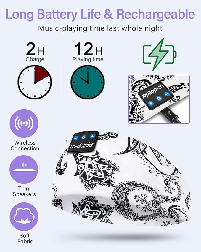 LC-dolida Sleep Headphones Bluetooth Wireless Headphones with Thin HD Stereo Speakers Perfect for Side Sleepers, Sport, Yoga, Travel