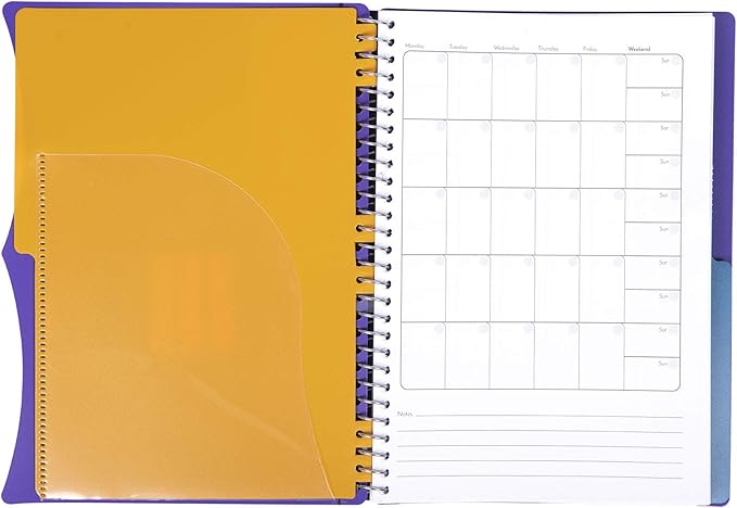 Mintra Office Durable PREMIUM Spiral Notebook, ((Purple, 2 Subject (6in x 9.5in)), Wire, Fabric Covered Coils, No Snags, Removable Adjustable Pocket Dividers, Ruler, Organization, Customizable