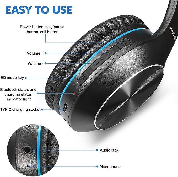Bluetooth Headphones Over Ear, 68H Playtime 3 EQ Music Modes Wireless Headphones with Microphone/Deep Bass, Foldable Lightweight Headset for PC Home Travel Office(Black Blue)