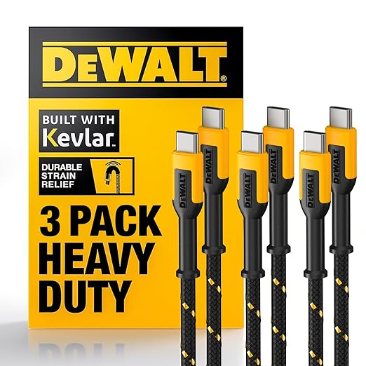 DEWALT Heavy Duty USB C Cable, Jobsite 60 Watt USB C Cable, High Speed Type-C to Type-C, Fast Charge PD USBC Fast Charging Cord for iPhone 17/16/15 Plus Pro Max MacBook iPad Samsung Galaxy 3Pack 4 ft