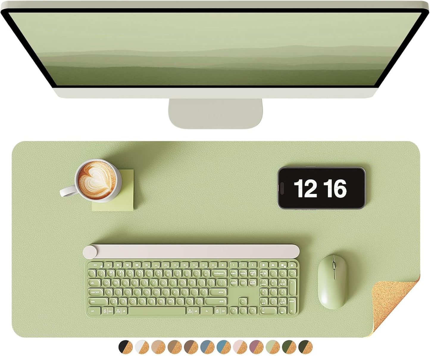 YSAGi Double-Sided Desk Pad, 23.6"x13.7" Leather Desk Mat, Eco Cork Desk Pad Protector, Large Mouse Pad for Desk, Waterproof Desk Blotter Pad, Desk Writing Pad for Office Work/Home(Matcha Green/Cork)