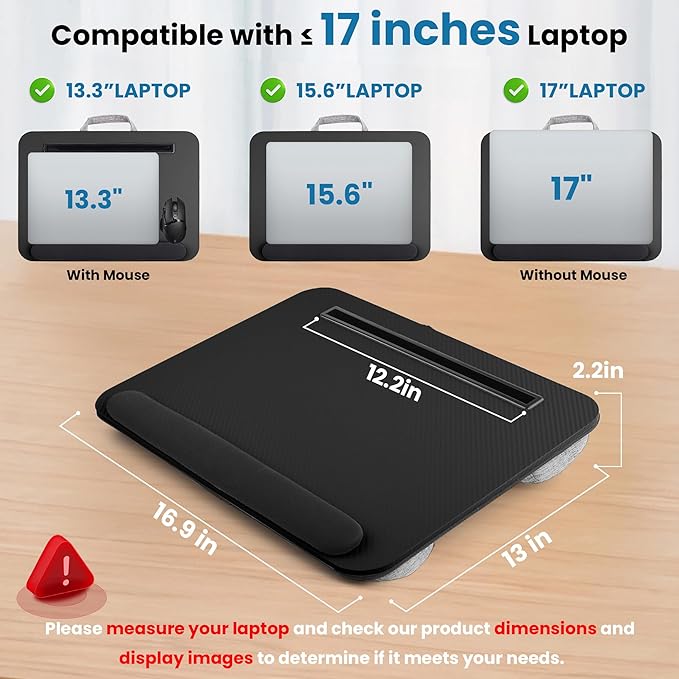 Lap Desk, Portable Lap Desks Fits Up to 16'' Laptop with Pillow Cushion Laptop Desk with Wrist Rest Lap Stand with Tablet or Phone Storage Slot for Bed Couch Carpet Home Office Livingroom (Black)