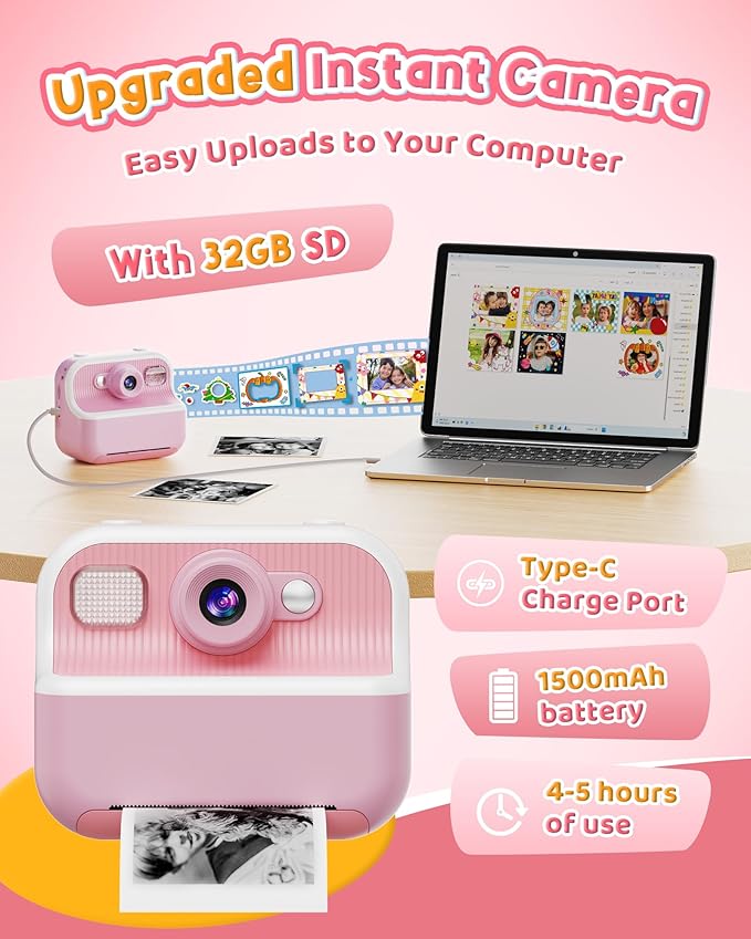 Instant Camera, Front Rear Dual Selfie Kids Camera with 1080P Videos, Holiday Birthday Gifts for Kids Age 3-12, Toddler Portable Travel Print Digital Camera Toy for 4 5 6 7 8 9 Year Boys Girls