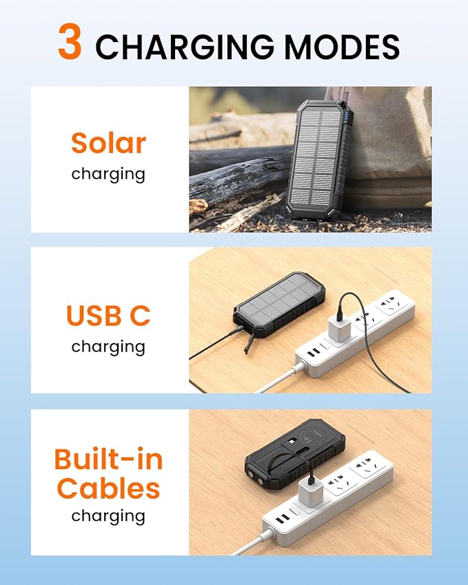 Riapow Solar Power Bank 27000mAh/99000mWh - Wireless Solar Charger - 22.5W Fast Charging Battery Bank Built in 2 Cables - PD QC External Battery Pack with USB C for Phone Flashlight for Outdoor