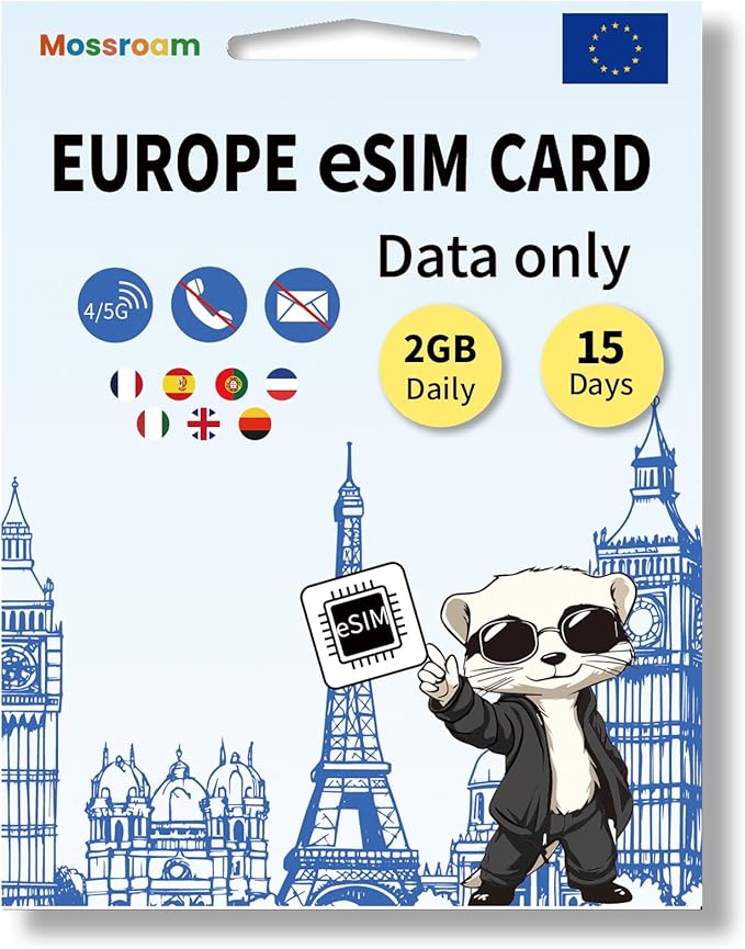 Europe eSIM Card: 2GB/Daily High-Speed Data, 15 Days Prepaid Plan for 7 Countries, Hotspot Support | Ideal for Travel UK, France, Germany, Italy & More No Contract, No SIM Card,No Voice Call, No SMS