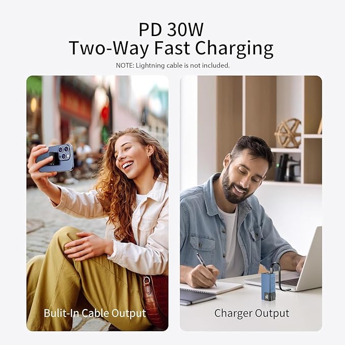 Miady Portable Charger Built-in Foldable Wall Plug, PD 30W 10000mAh Compact Power Bank has USB-C Cable & LED Display, Travel Essential Battery Pack Compatible with iPhone Galaxy Smartphones (Black)