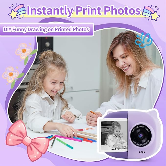 Rongta Instant Print Camera for Kids, Children Portable Photo Printer for Birthday Gifts, Kids Toys, 2.4 Inch Screen Kid Digital Camera for Girls Boys Age 3 4 5 6 7 8 9 10 (Purple)