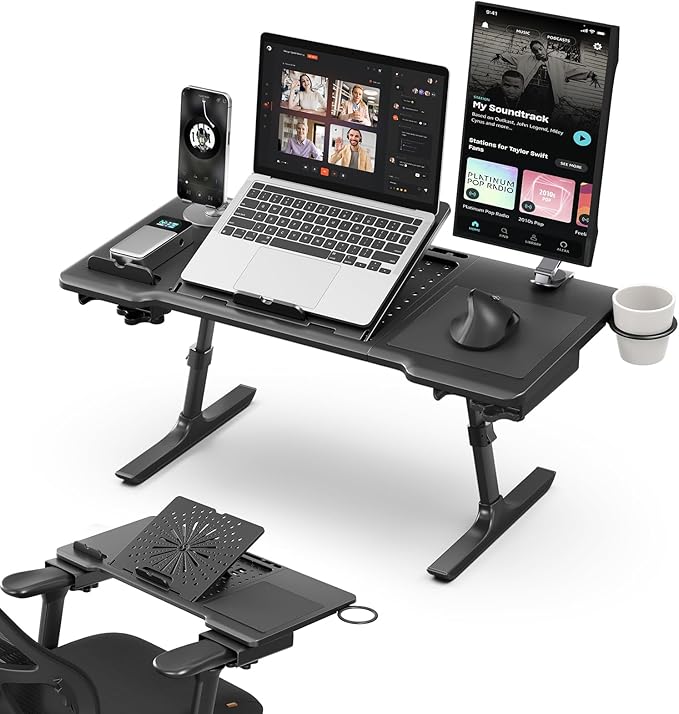 Newtral Laptop Bed Tray Desk, Height & Angle Adjustable Foldable Laptop Stand w/Cup Holder, Mousepad, Laptop Table Bookstand for Gaming, Working, Sofa & Office Chairs Use (Black, Upgrade)