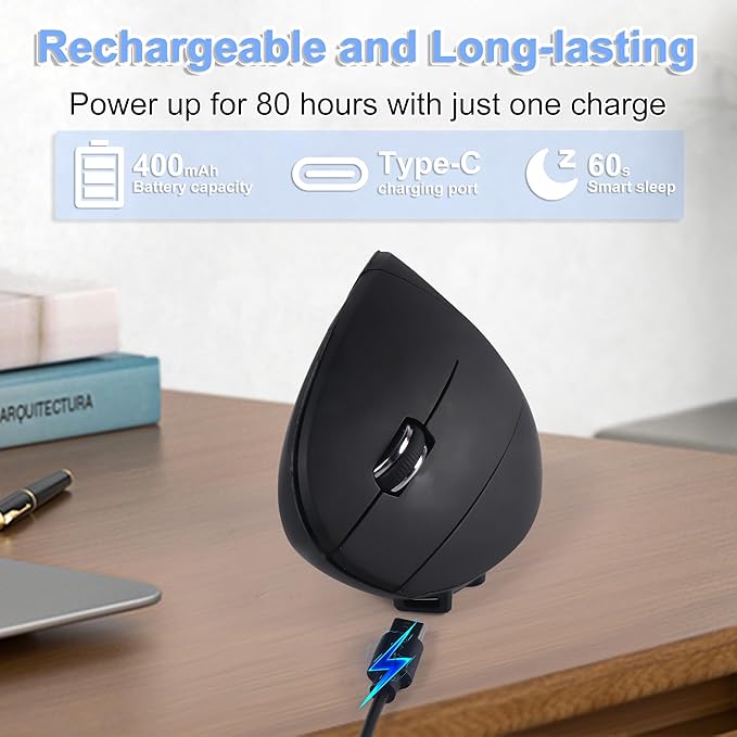 Wireless Mouse Ergonomic Left Handed Vertical Mouse with USB Receiver LED Light 6 Buttons 2.4GHz Optical Portable Rechargeable Computer Mice for Laptop PC Desktop Notebook Kids Adults Gifts (Black)