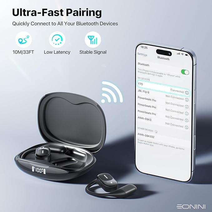 2025 Open Ear Earbuds Wireless Bluetooth Headphones, Earhook Sports Earphones with Mic, 40Hrs Playtime, Smart Digital Display, IPX5 Waterproof for Running, Gym, Cycling(Black)