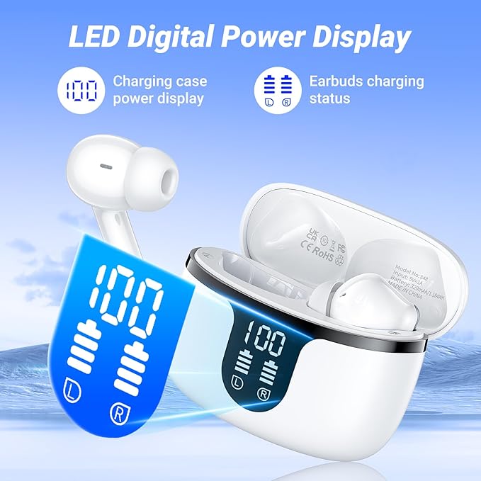 Wireless Earbuds Bluetooth Headphones Bluetooth 5.4 Ear Buds with 4 ENC Noise Canceling Mic Headsets, HiFi Stereo 42hrs Playback Earphones with LED Power Display for Sports/Workout/Running White