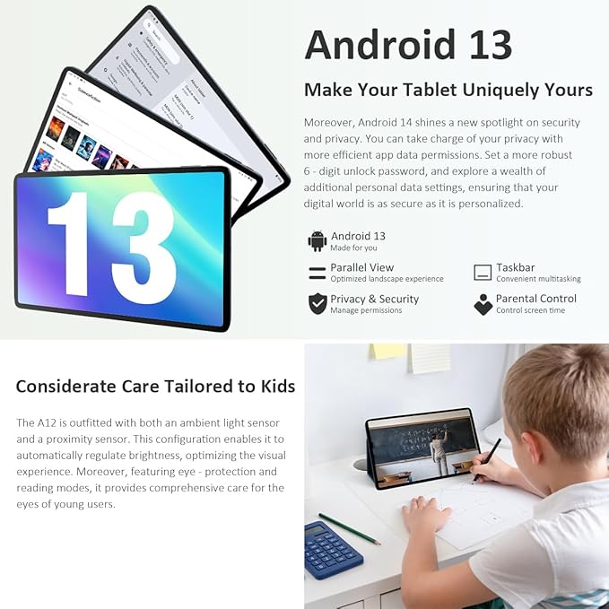 Android Tablet with SIM Card Slot Unlocked, 12 in Large Tablets, 16GB RAM+256GB ROM, 4G LET Cellular Tablet, WiFi BT5.0 GPS Octa-Core, 8000mAh, Dual Camera, Supports Telephone Functions