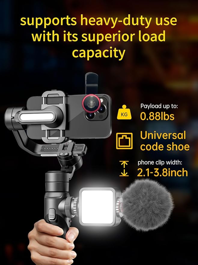 Gimbal Stabilizer for Smartphone, 3-Axis Industry-Standard Gimbal w/360°Rotation, Phone Stabilizer Built-in Extension Rod, Professional Gimbals w/Fill Light for iPhone/Android-Smart S2